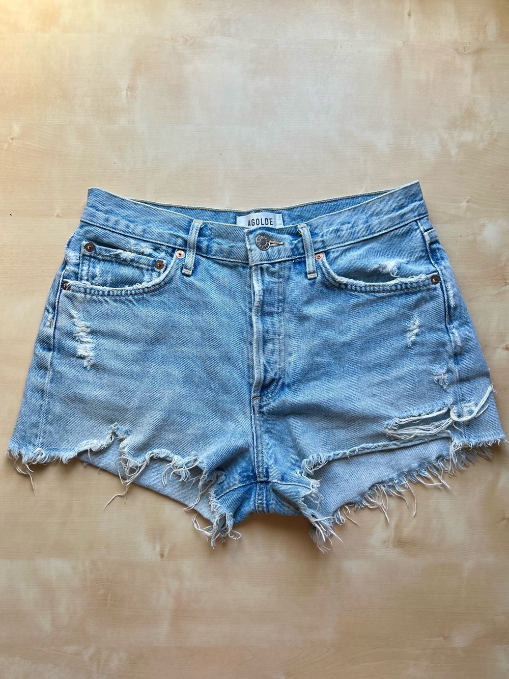 Agolde Parker Cut Off Denim Shorts - Light Wash, Distressed, Vintage Inspired